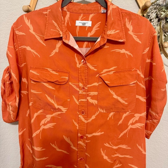 Equipment Viscose Orange Feather Print Resort Vacation Top Button Down Sz XL - Picture 5 of 10